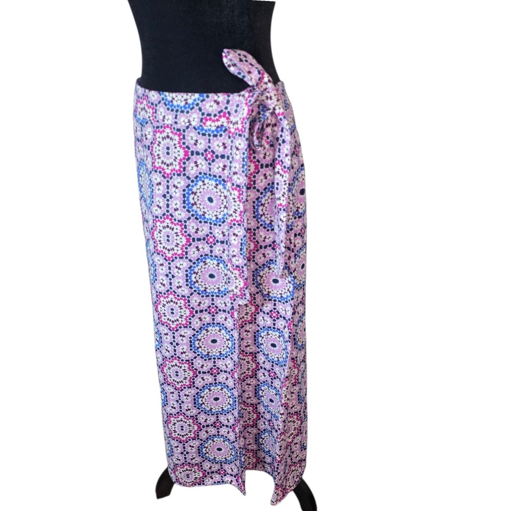 LOFT Linen Blend Wrap Midi Skirt Women 8 Boho Geometric Tie Waist Pink Blue - Picture 9 of 11